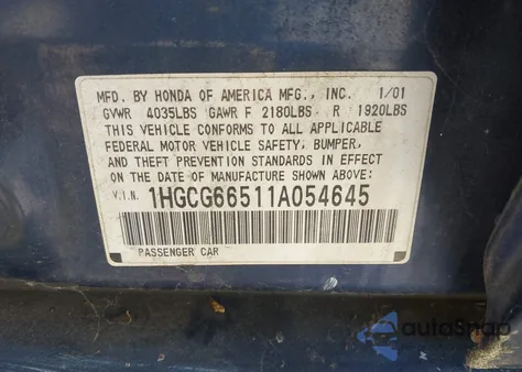 2001 Honda Accord 2.3 Lx from USA, damaged, VIN 1HGCG66511A054645